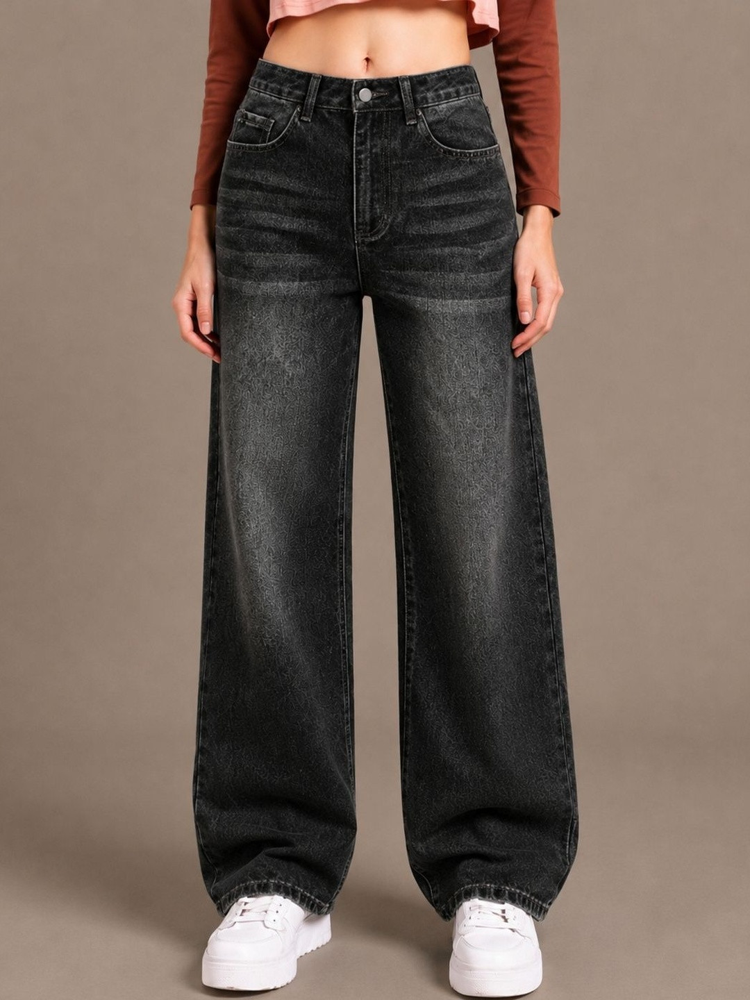glitchez Women Comfort Wide Leg High-Rise Low Distress Light Fade Stretchable Jeans