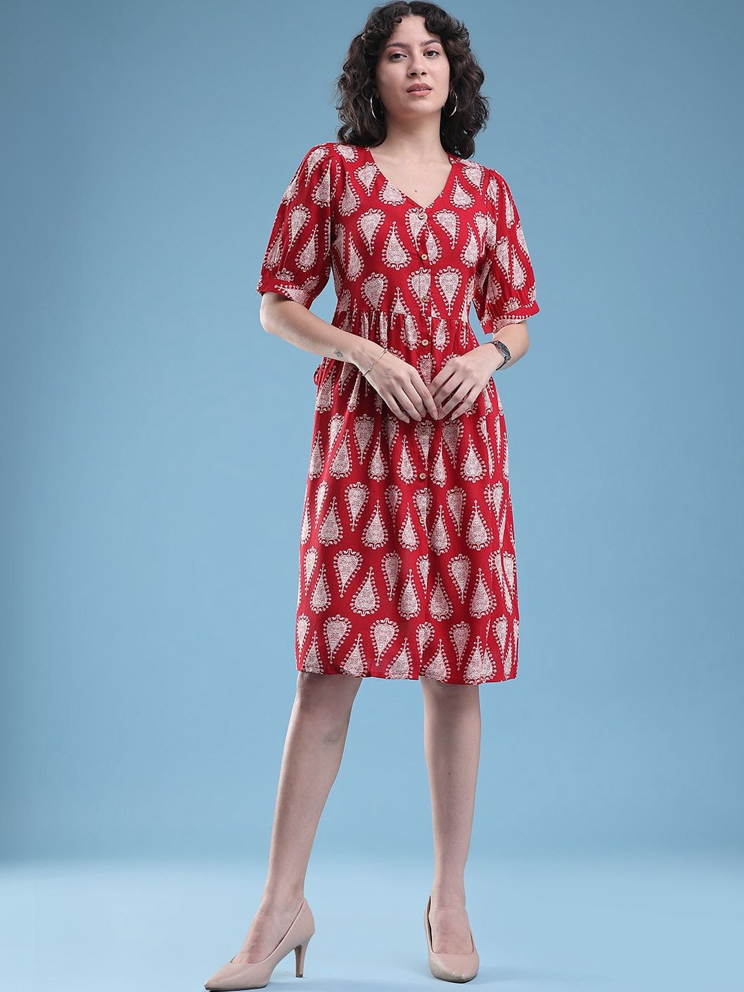 Rust Ethnic Motif Puff Sleeve A-Line Dress