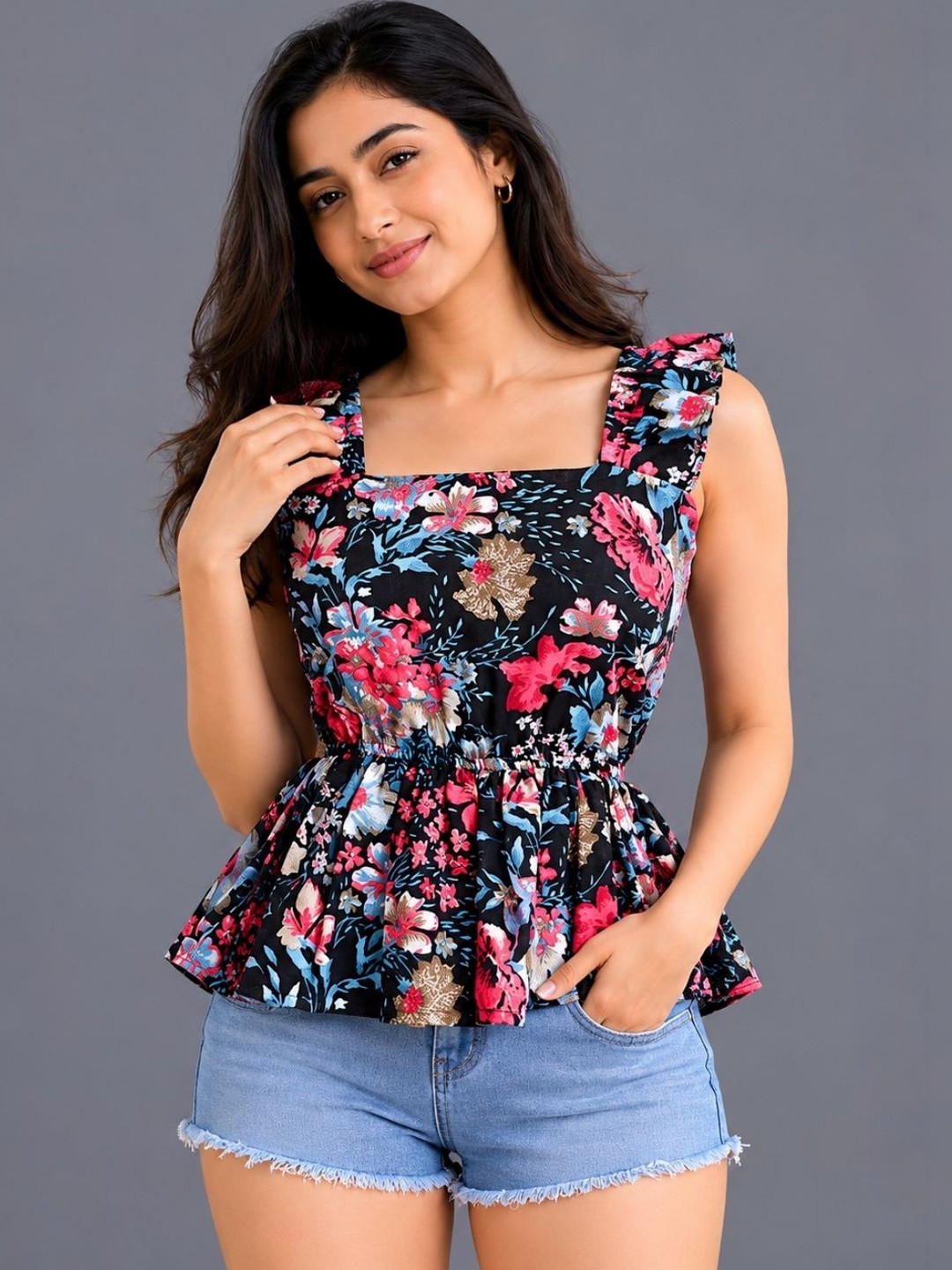 Sana Vista Floral Print Ruffles Peplum Top