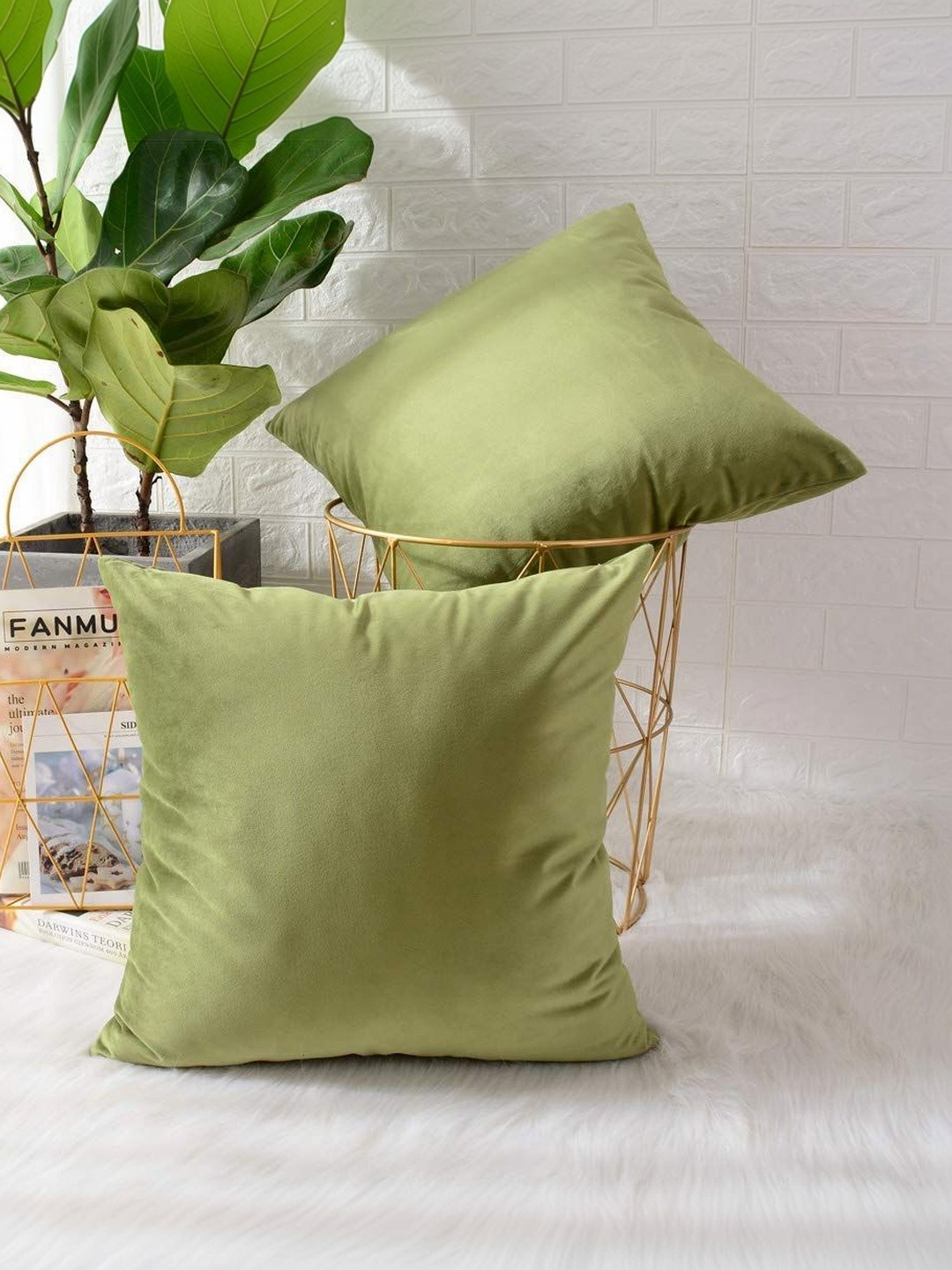 Khooti Olive Green Set of 2 Velvet Square Cushion Covers