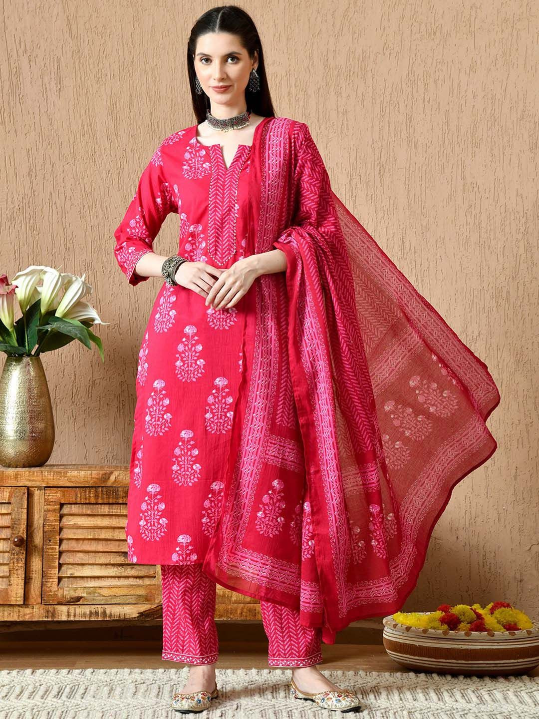 Anouk Rustic Women Ethnic Motifs Printed Regular Pure Cotton Kurta with Trousers & With Dupatta