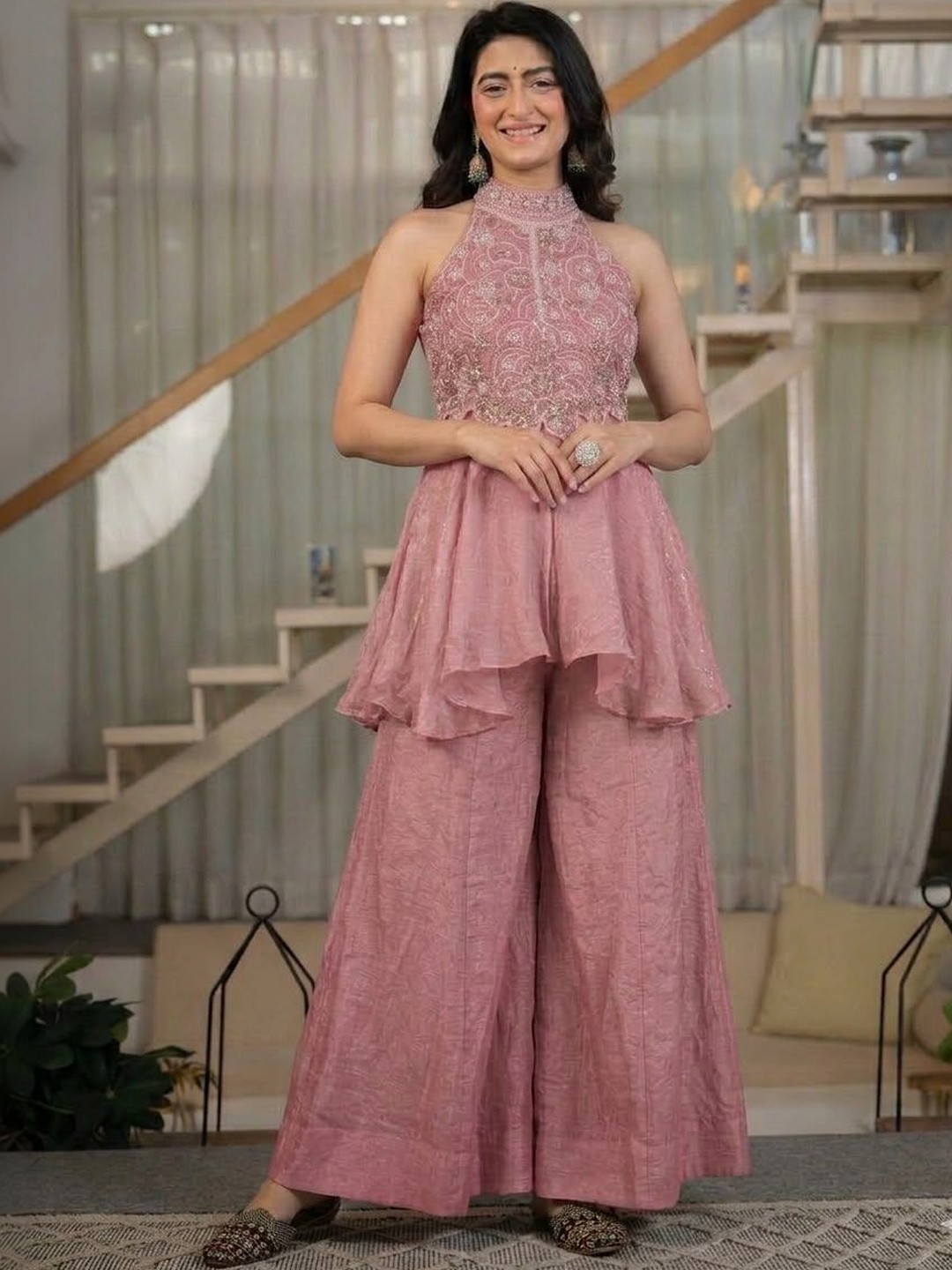 HERE&NOW Women Ethnic Motifs Embroidered Tiered Thread Work Kurti with Palazzos