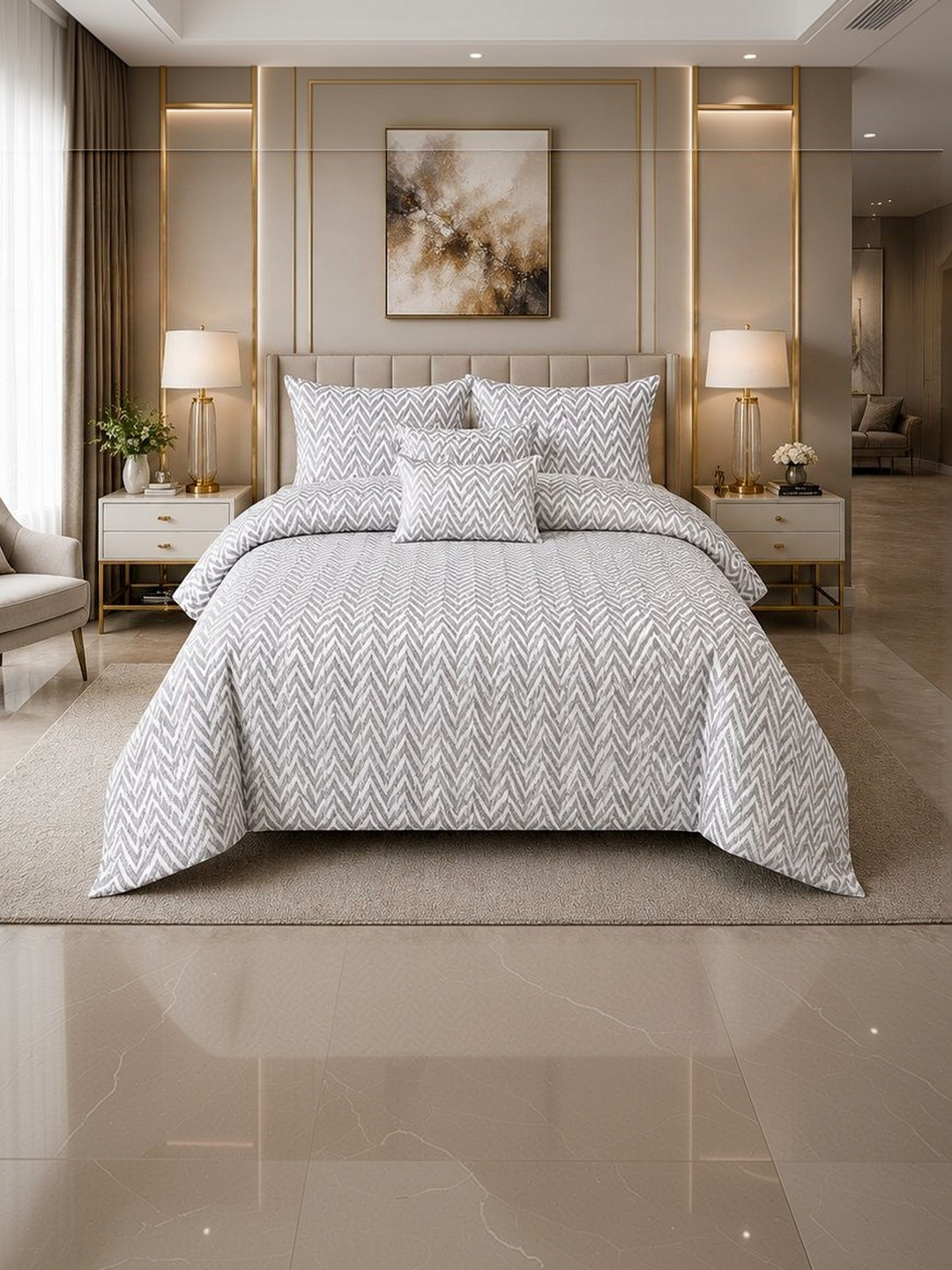 JASHAN Grey & White Graphic 300 TC Queen Bedsheet with 2 Pillow Covers