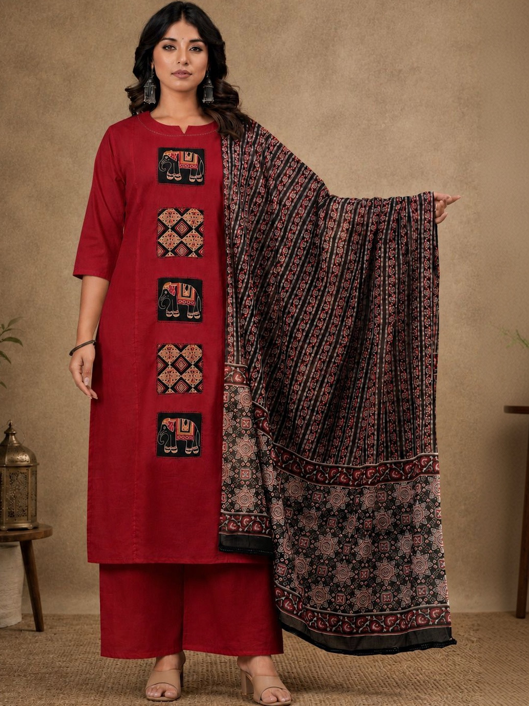 Bachuu Women Ethnic Motifs Embroidered Regular Patchwork Pure Cotton Kurta with Palazzos & With Dupatta
