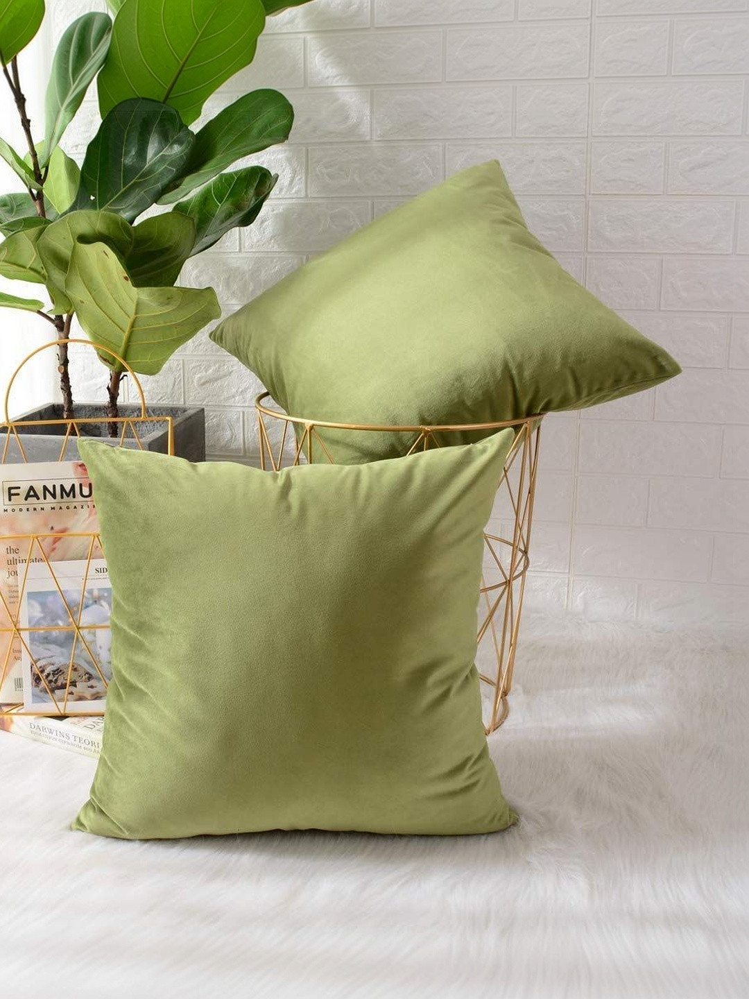 Khooti Olive Green Set of 2 Velvet Square Cushion Covers
