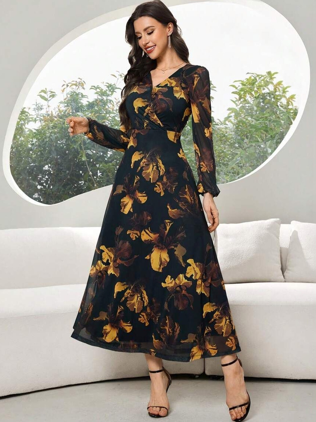 Nautiful Floral Print Georgette A-Line Maxi Dress