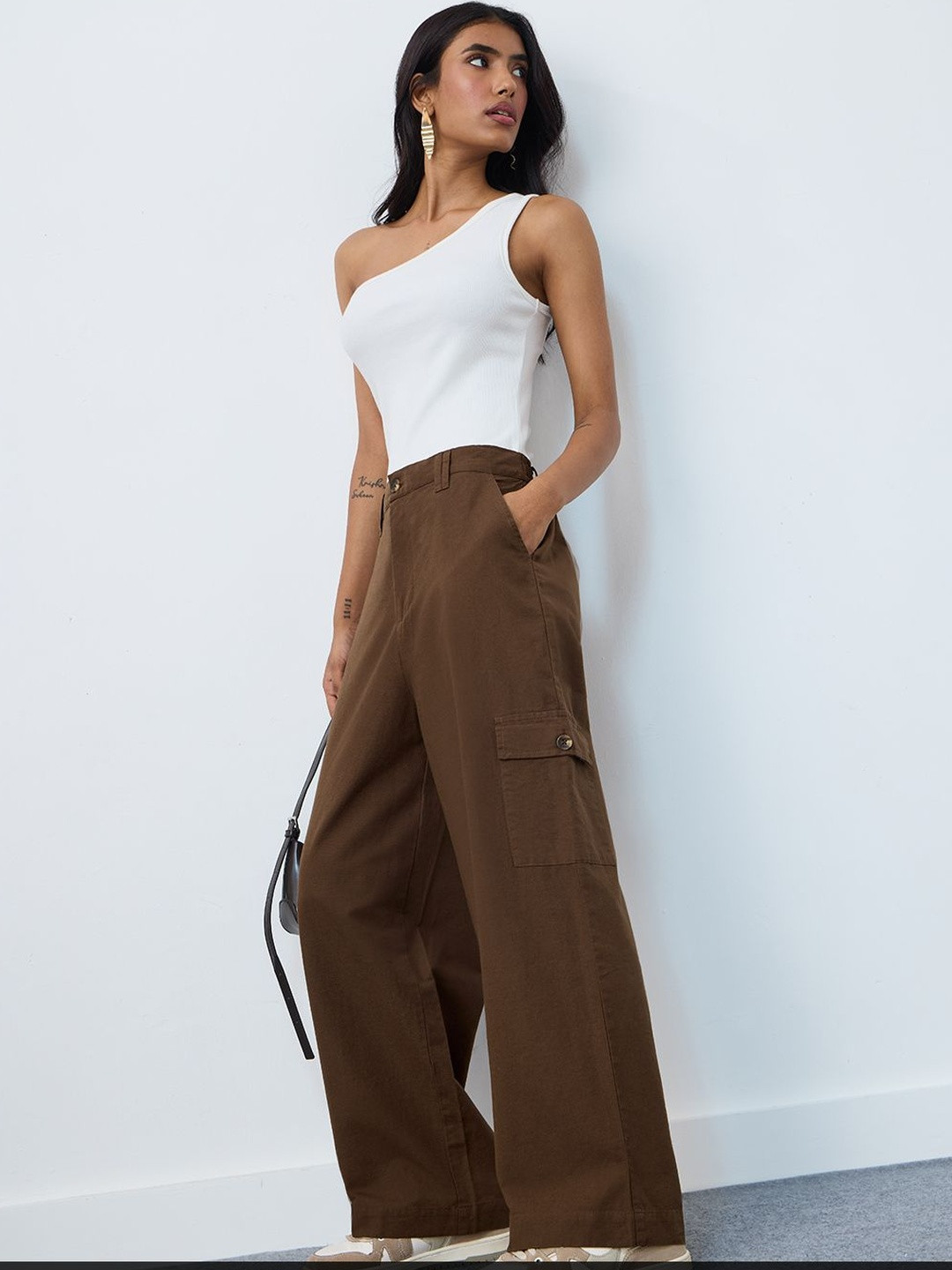 The Souled Store Women Straight Fit Solid Brown Cargo Pants