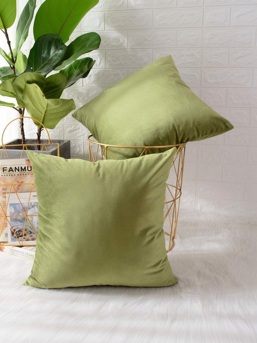 Khooti Olive Green Set of 2 Velvet Square Cushion Covers