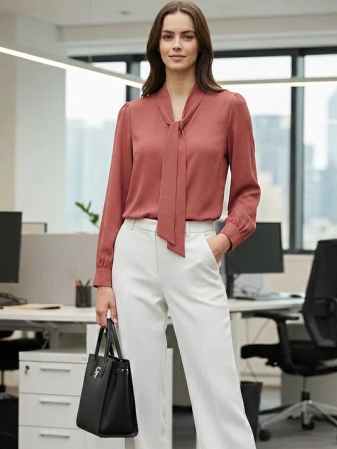 Vashuqi Tie-Up Neck Crepe Top