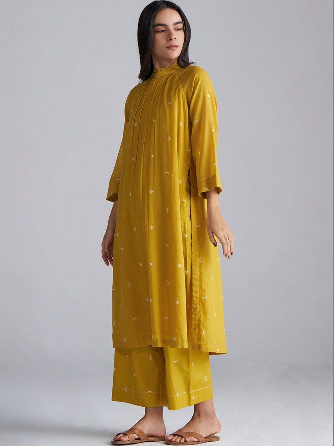 Ganga Yellow Cotton Embroidered Tunic with Palazzos Co-Ord Set