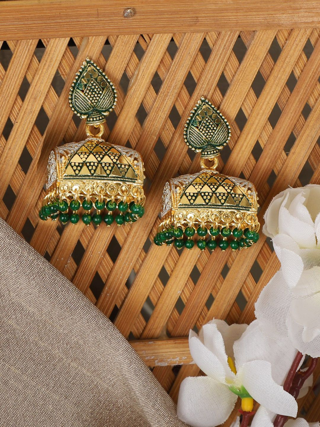 ANIKAS CREATION Green & Gold-Toned Contemporary Jhumkas