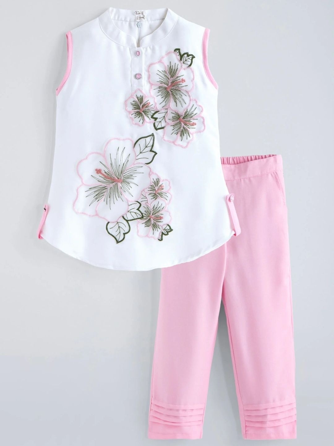 Hopscotch Girls Floral Embroidered Regular Thread Work Kurti with Trousers