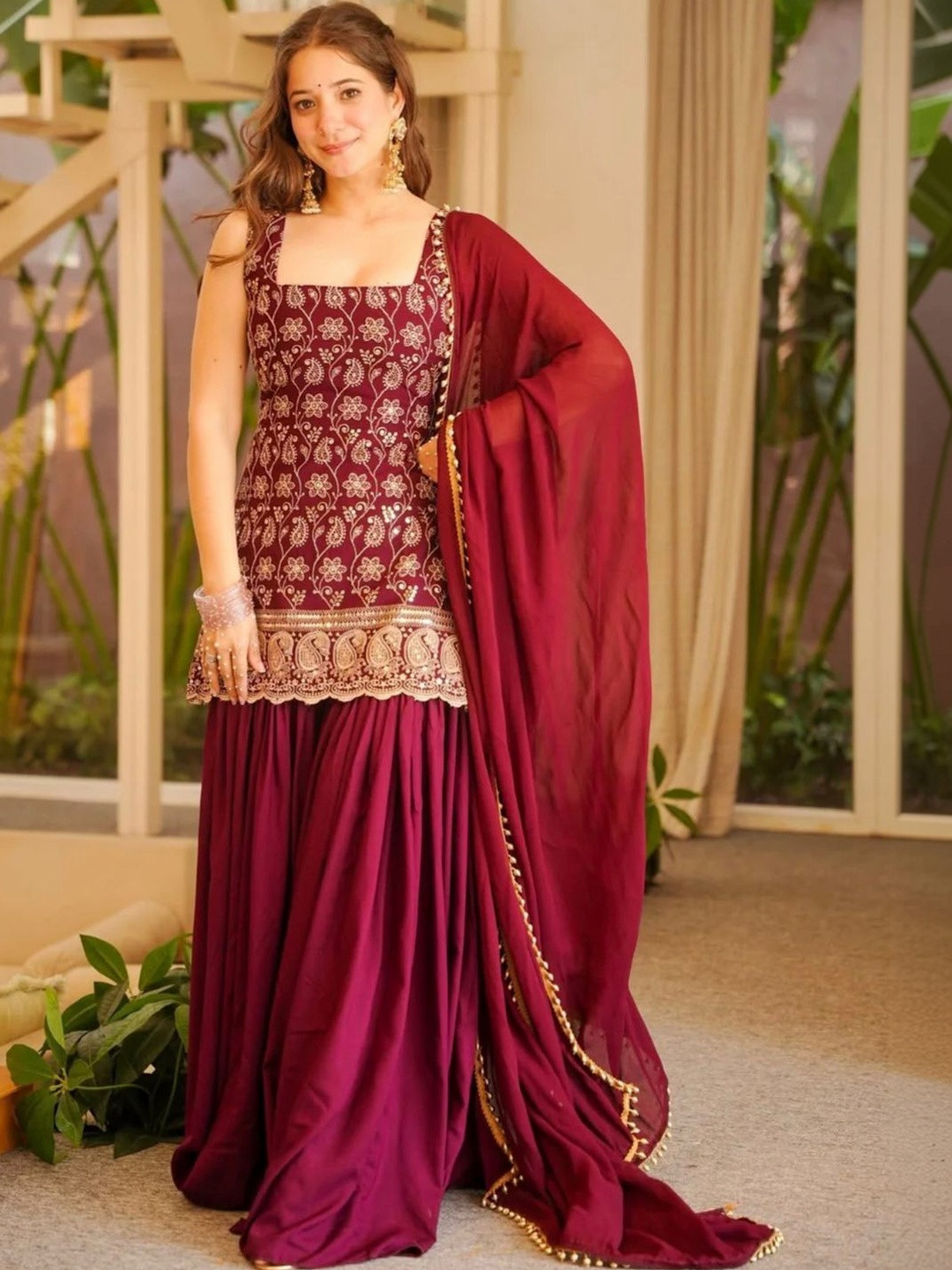 HERE&NOW Women Ethnic Motifs Embroidered Regular Sequinned Kurti with Sharara & With Dupatta