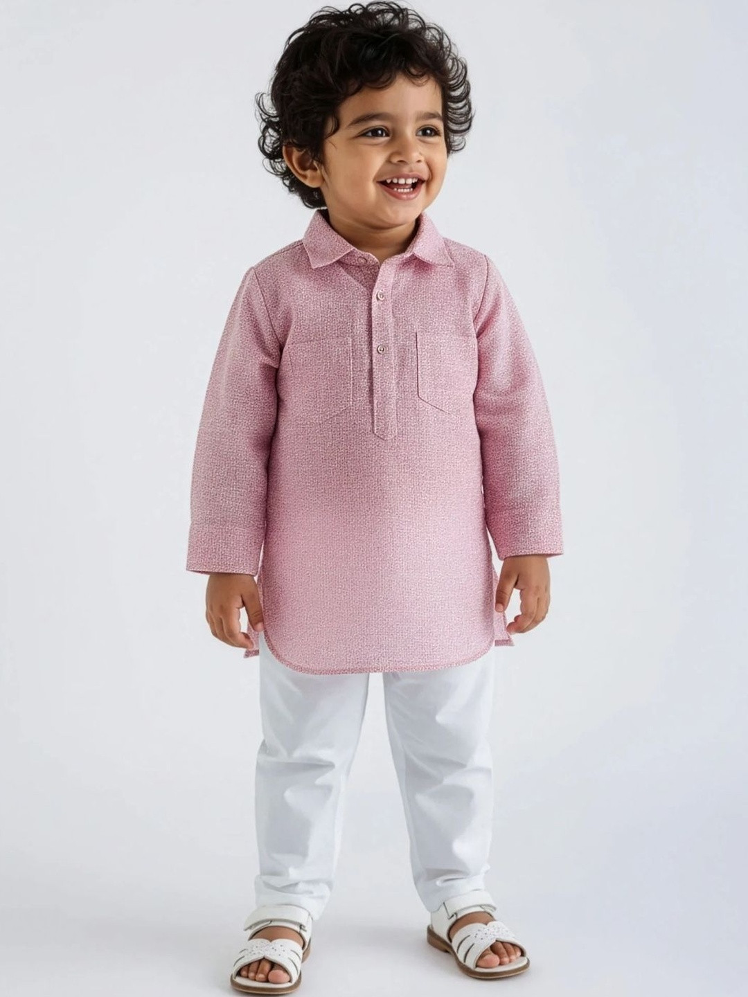 Hopscotch Boys Pink Pathani Kurta with Pants Set