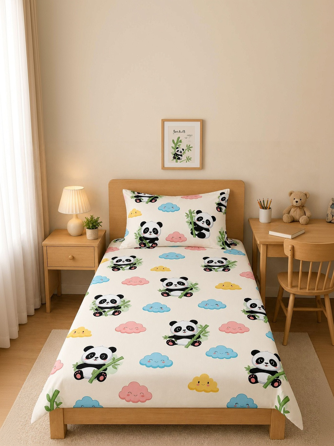TINDLER KNOTS Cream-Coloured & Blue Cartoon Characters 180 TC Single Bedsheet with 1 Pillow Covers