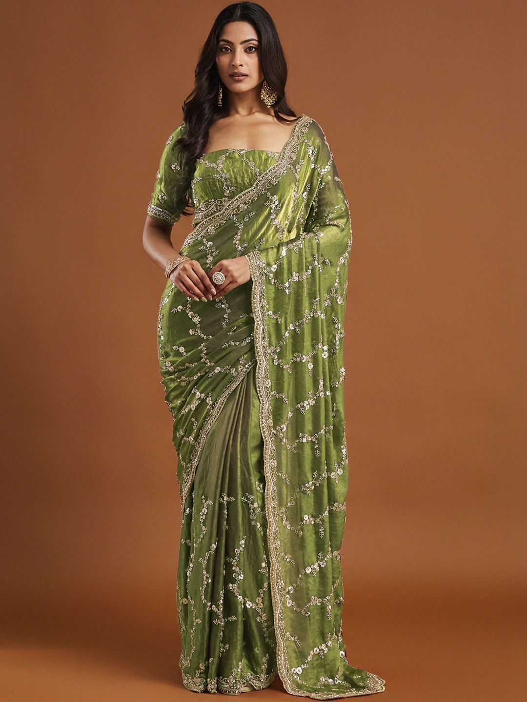 Riddhi Textile Hub Embellished Beads and Stones Satin Heavy Work Leheriya Saree