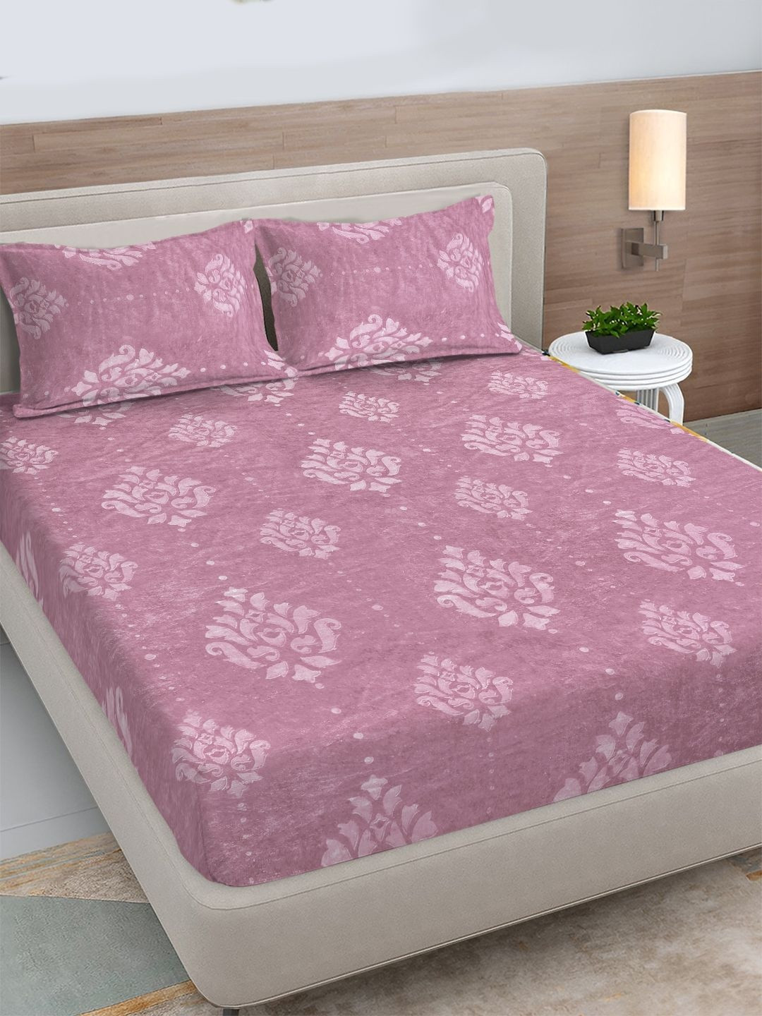 FABINALIV Pink Floral 300 TC King Bedsheet with 2 Pillow Covers