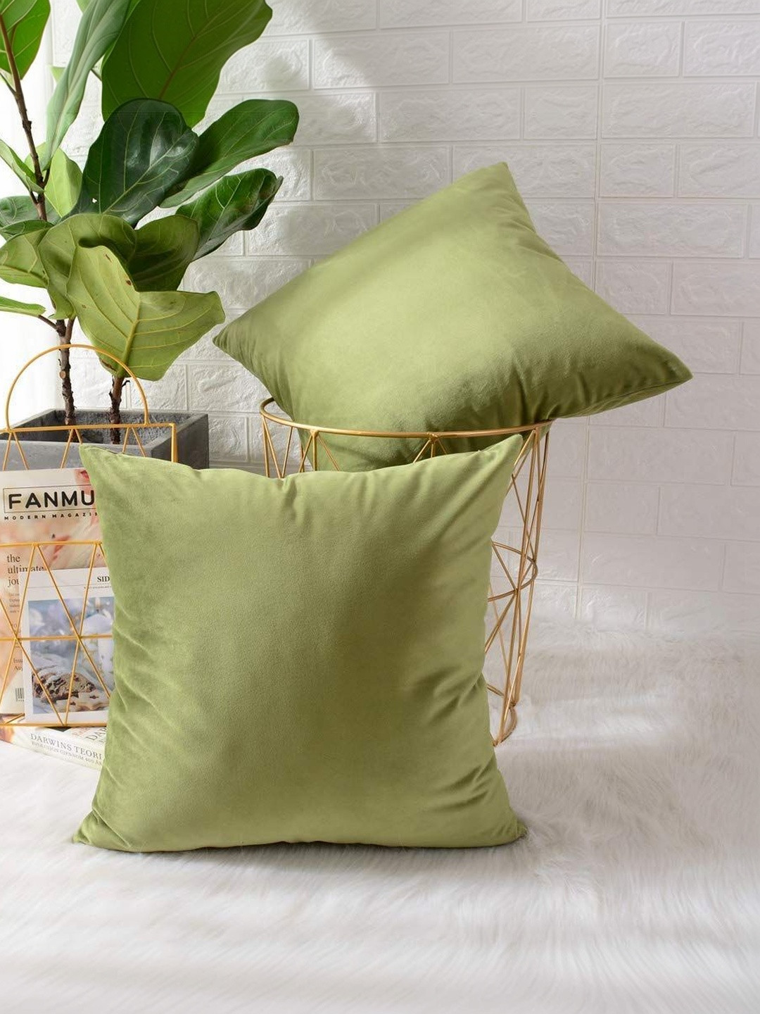 Khooti Olive Green Set of 2 Velvet Square Cushion Covers