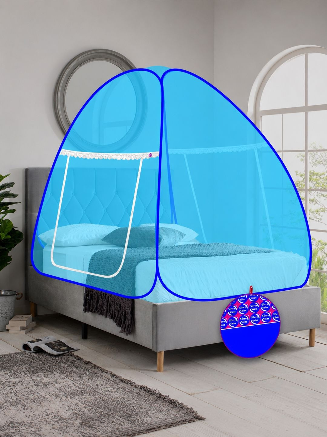 Silver Shine Blue & White King Size Foldable Tent Mosquito Net with Bag