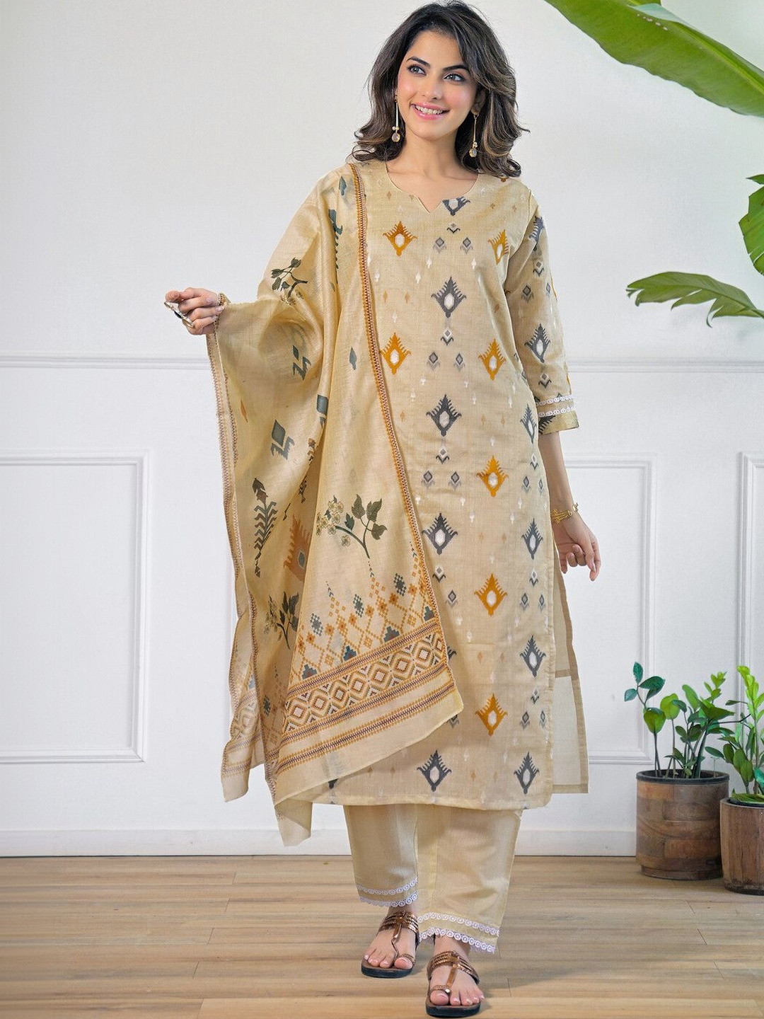 SANISA Women Ethnic Motifs Printed Regular Chanderi Cotton Kurta with Trousers & With Dupatta