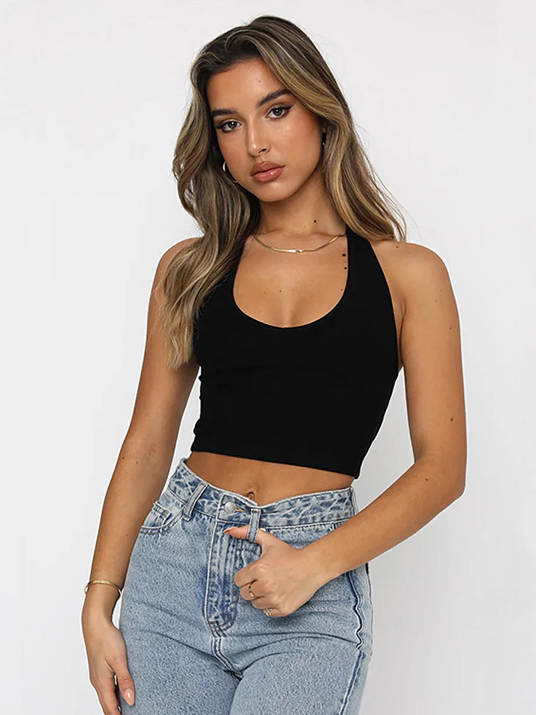 LULU & SKY Halter Neck Cotton Crop Fitted Top