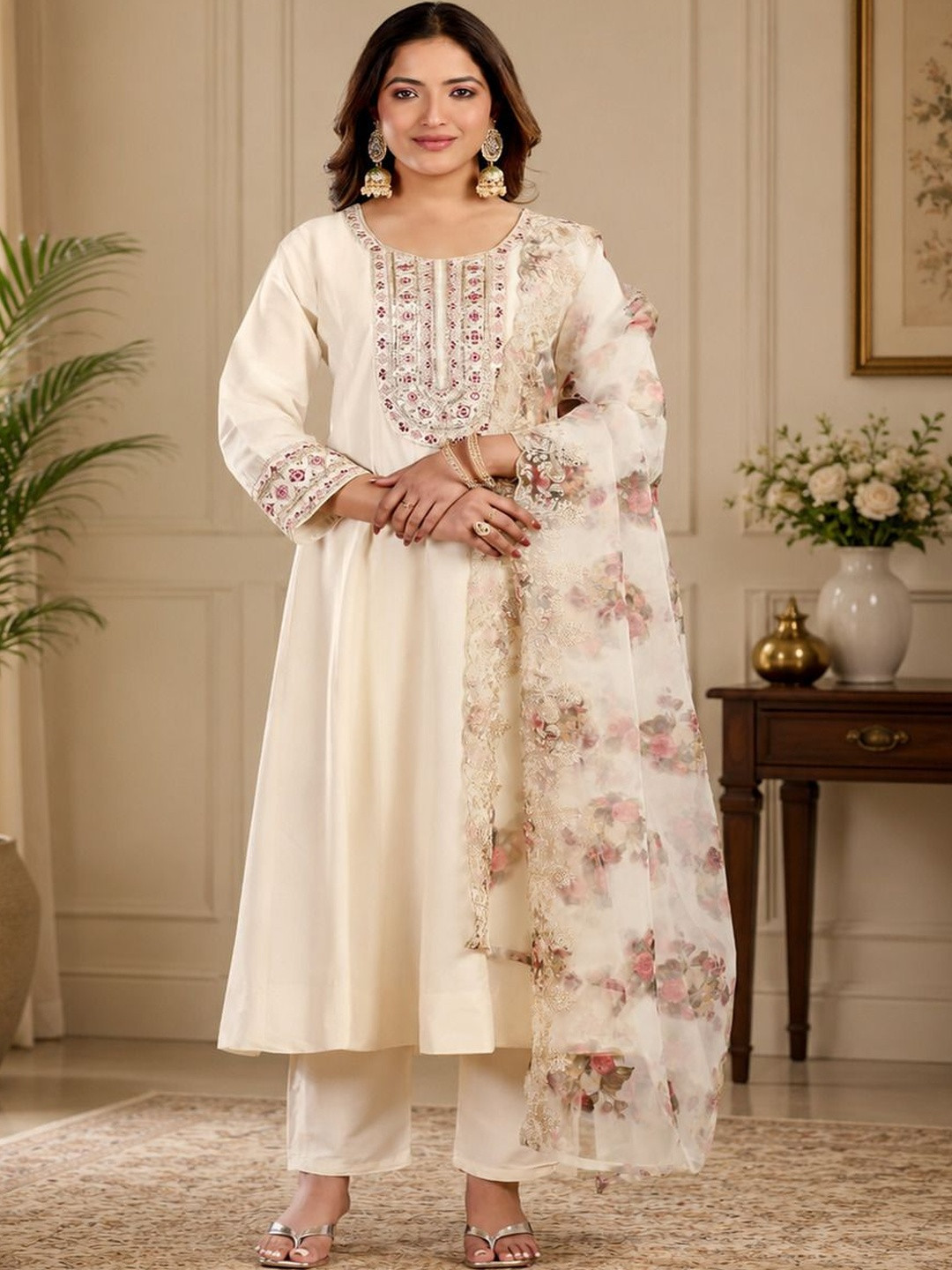 all about you Ethnic Motifs Embroidered Thread Work Kurta With Trousers & Dupatta