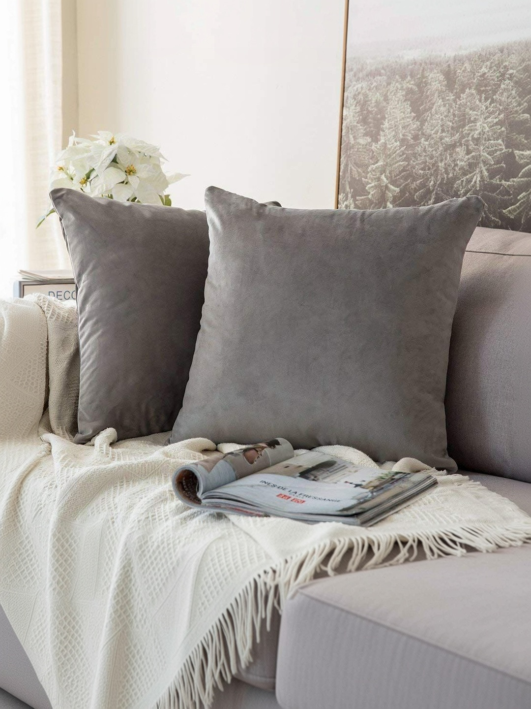 Khooti Grey Set of 2 Velvet Square Cushion Covers