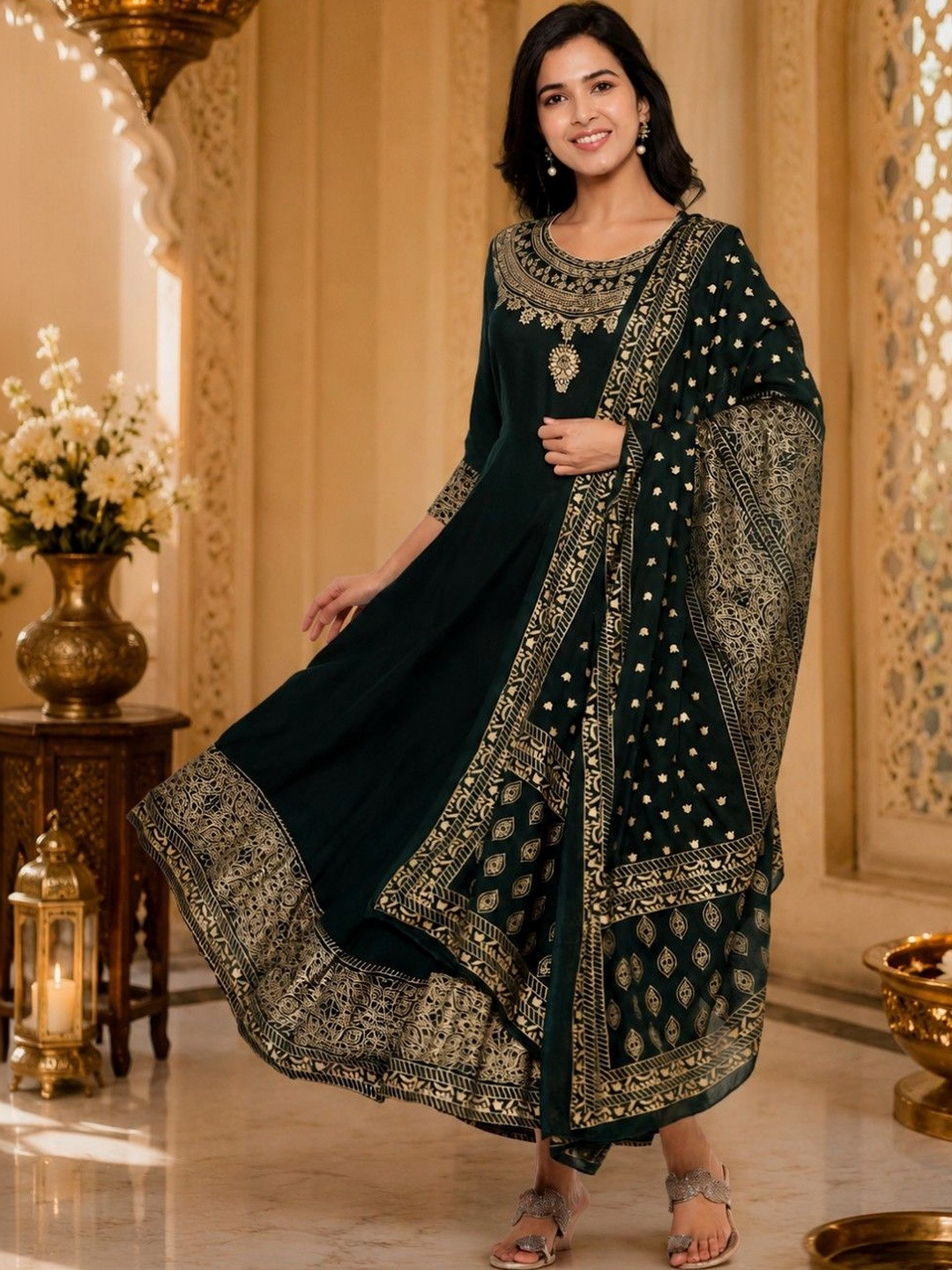 BABA KURTI Women Ethnic Motifs Embroidered Empire Kurta with Palazzos & With Dupatta