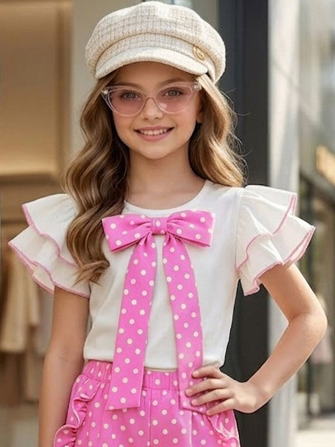 Cutiekins Polka Dot Print Flutter Sleeve Cotton Top