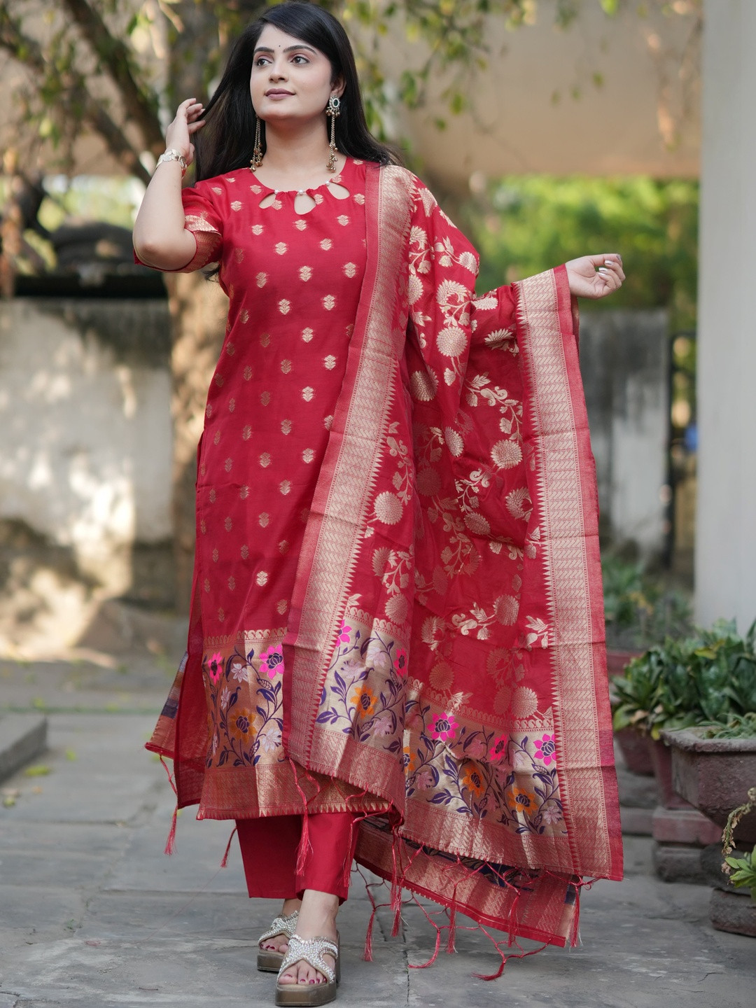 SILK BLISS Women Ethnic Motifs Regular Chanderi Cotton Kurta with Trousers & With Dupatta