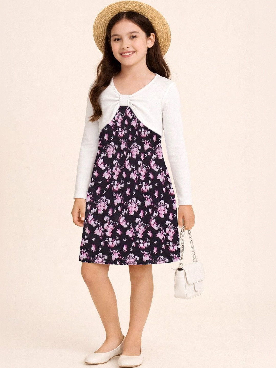 VOGAAN JUNIOR Girls Floral Printed Round Neck A-Line Dress