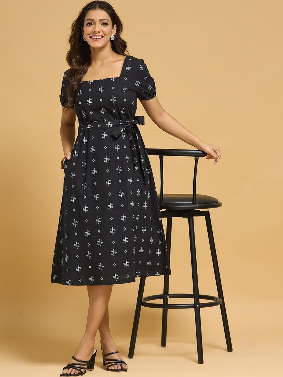 Fabindia Ethnic Motifs Print Puff Sleeve A-Line Midi Dress
