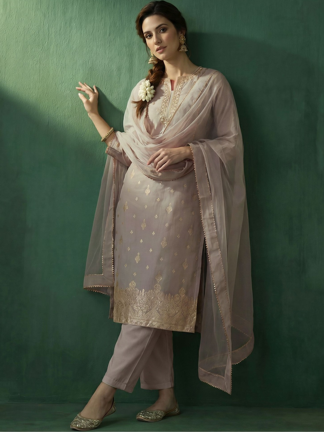 AVANSHEE Women Ethnic Motifs Embroidered Regular Chanderi Cotton Kurta with Trousers & With Dupatta