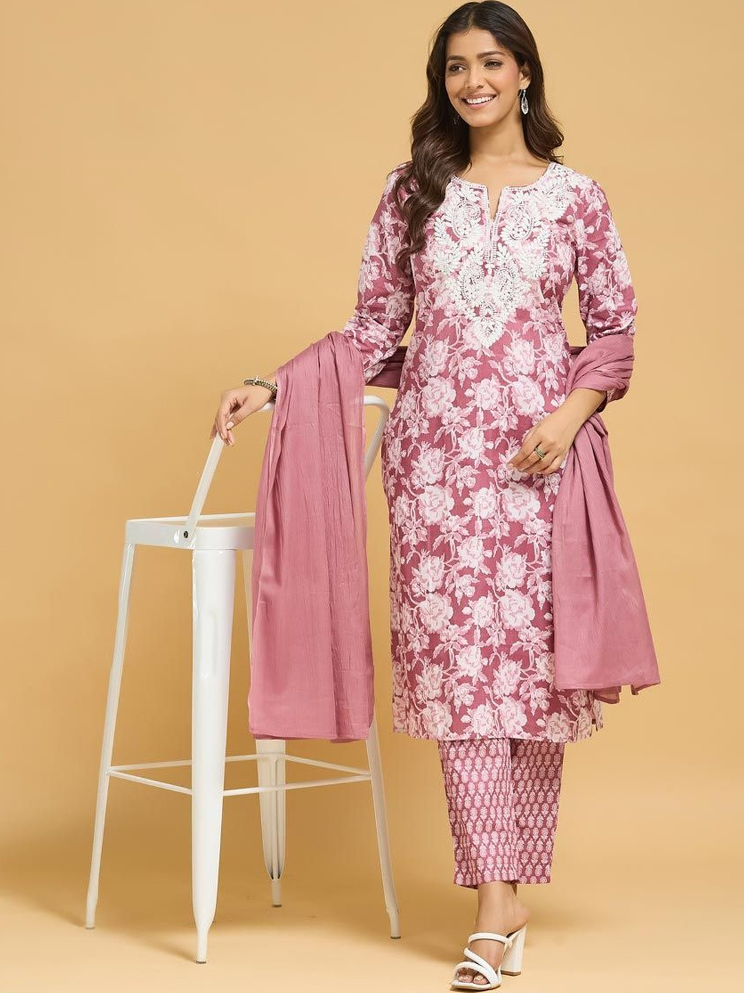 Fabindia Women Floral Printed Regular Thread Work Pure Cotton Kurta with Trousers & With Dupatta