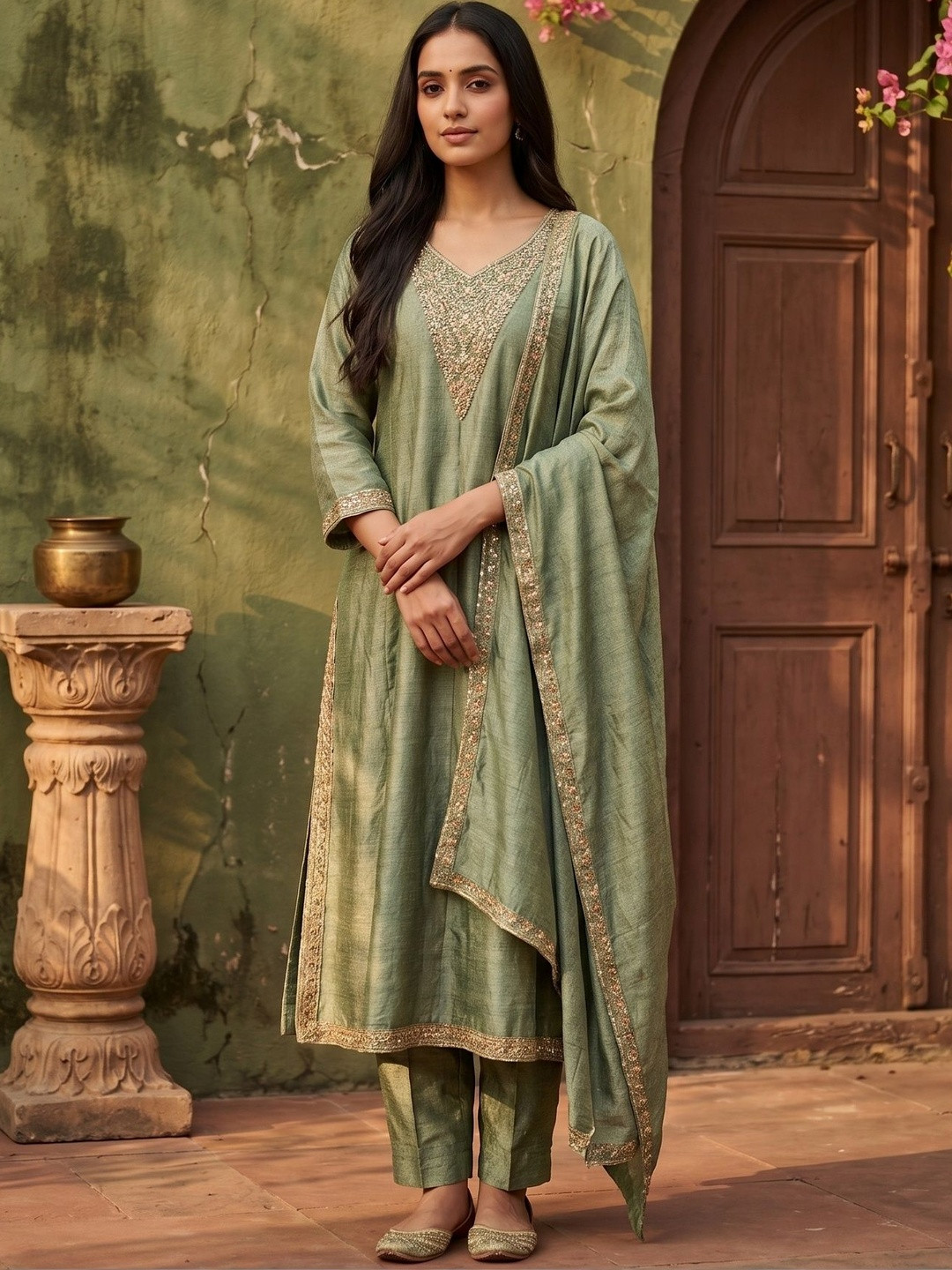 Koskii Women Ethnic Motifs Embroidered Regular Raw Silk Kurta with Trousers & With Dupatta