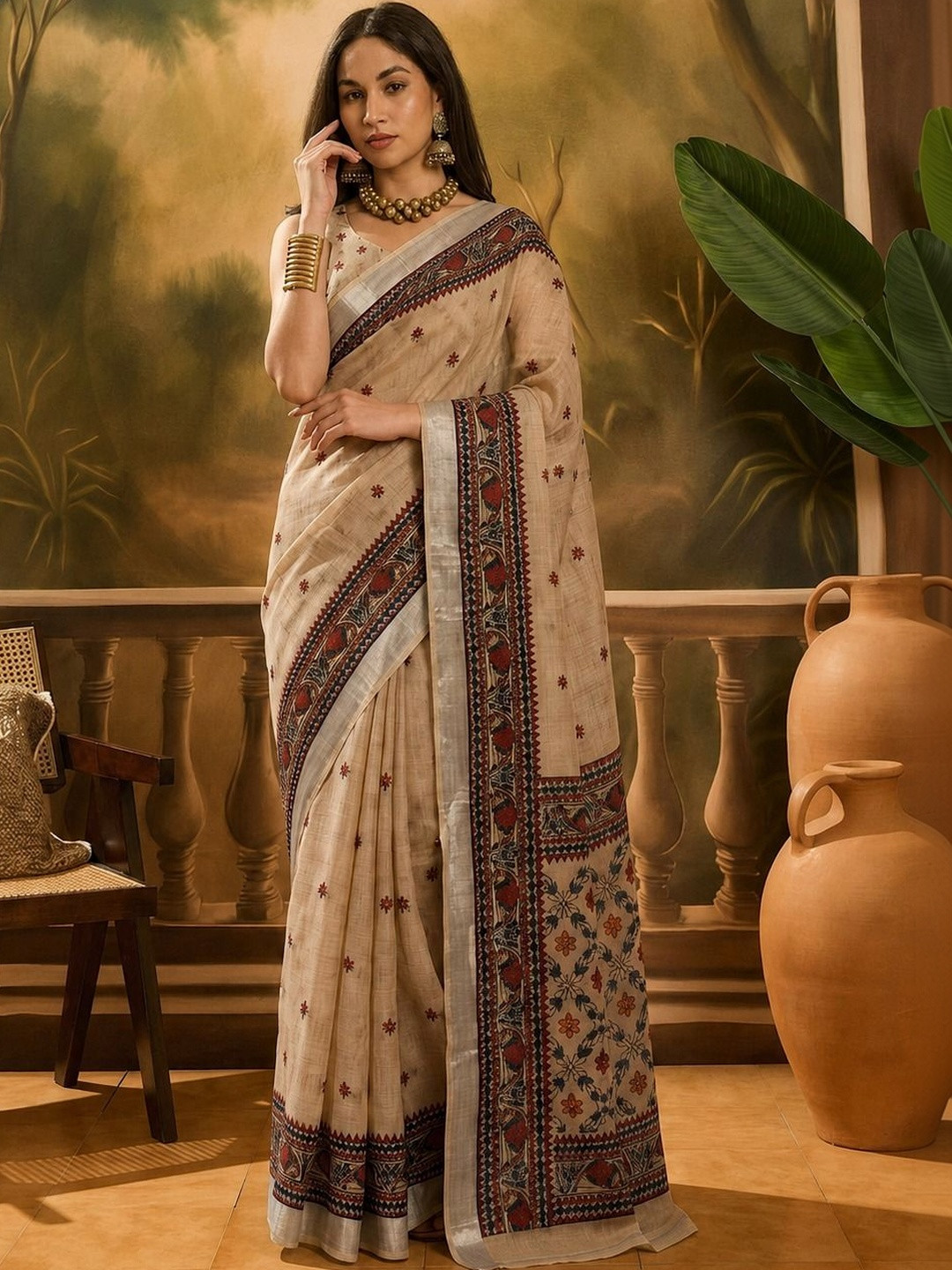 YUGAVEERAA Kalamkari Cotton Blend Khadi Saree