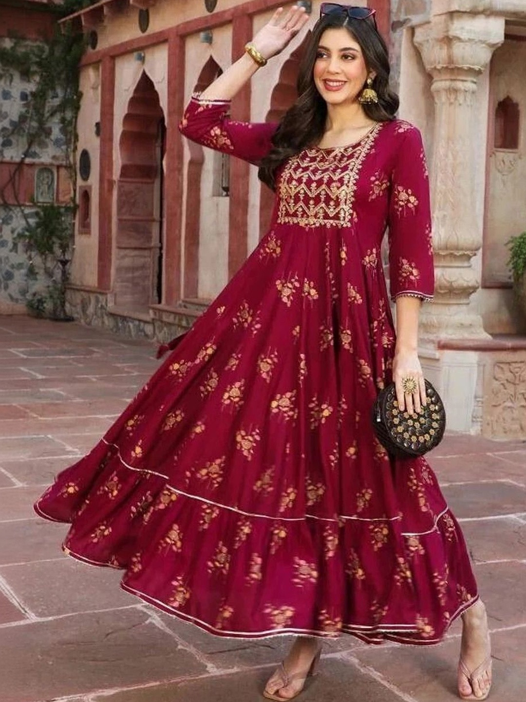 Tvyozs Floral Printed Tiered Anarkali Kurti