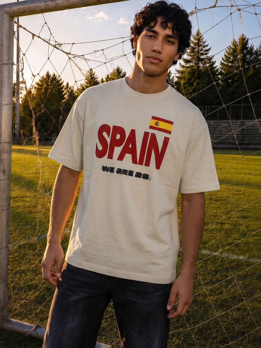 Bewakoof Heavy Duty 1.0 Official FIFA Merchandise Men's Beige Spain Typography Oversized T-shirt