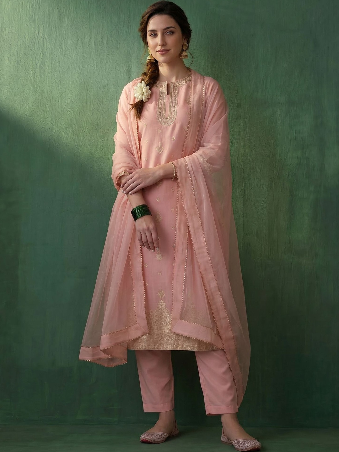 AVANSHEE Women Ethnic Motifs Embroidered Regular Sequinned Chanderi Cotton Kurta with Trousers & With Dupatta