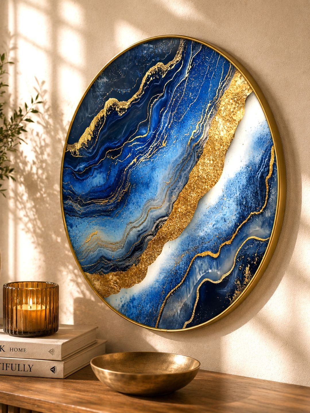 RANDOM Multicolor MDF Golden Frame Single Piece Round Non Powered Printed Wall Art - 15 Inch