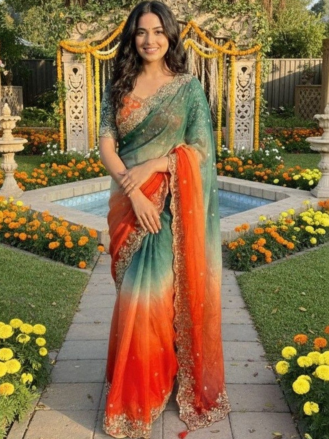 krisha fashion Ombre Embroidered Fusion Saree