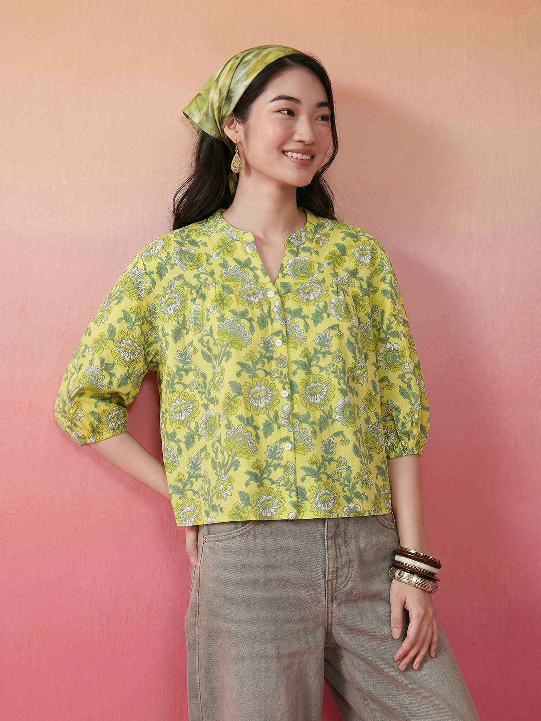 Lime Green Floral Mandarin Collar Shirt Style Top