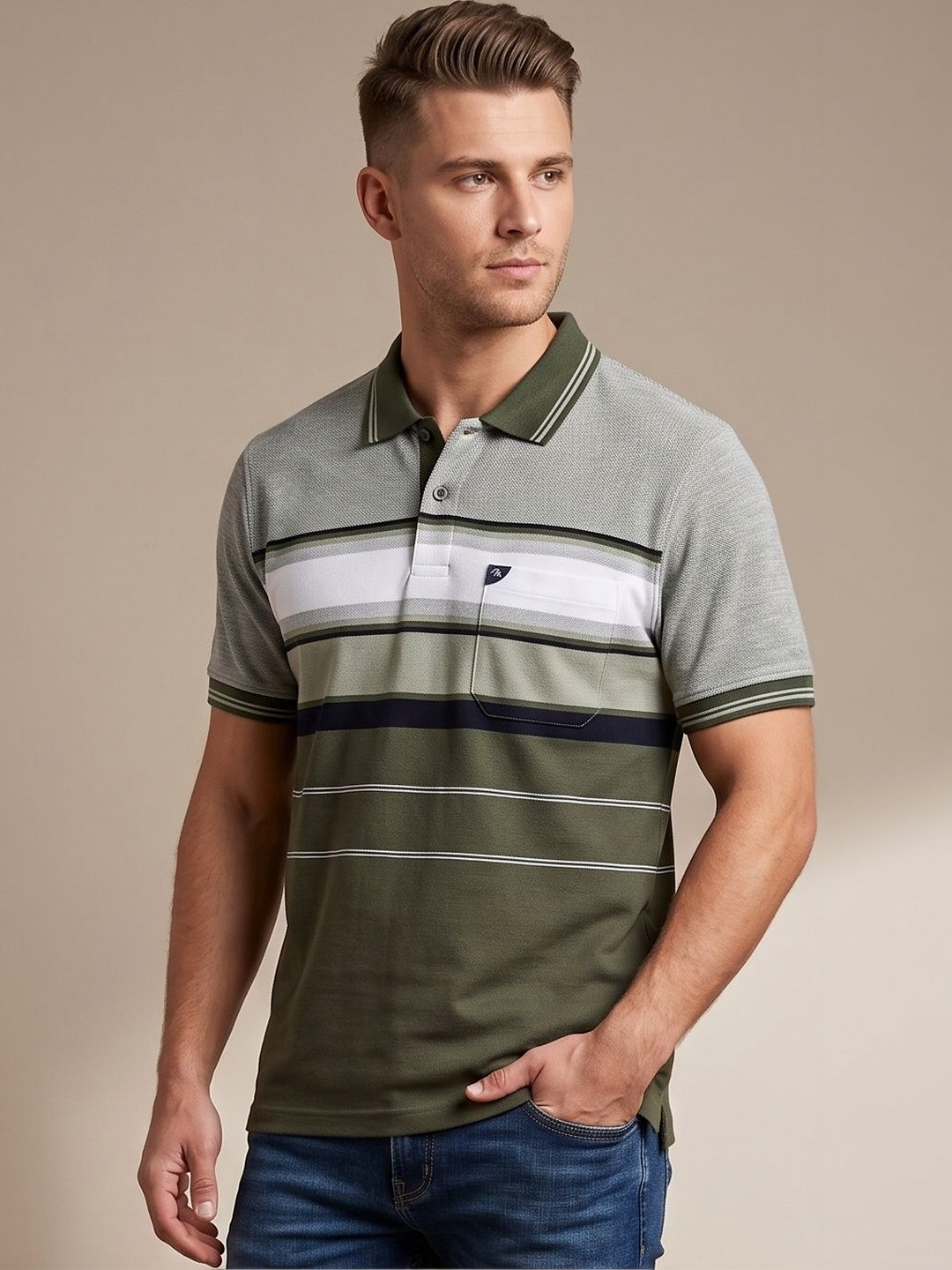 MALER Men Striped Polo Collar Pockets T-shirt