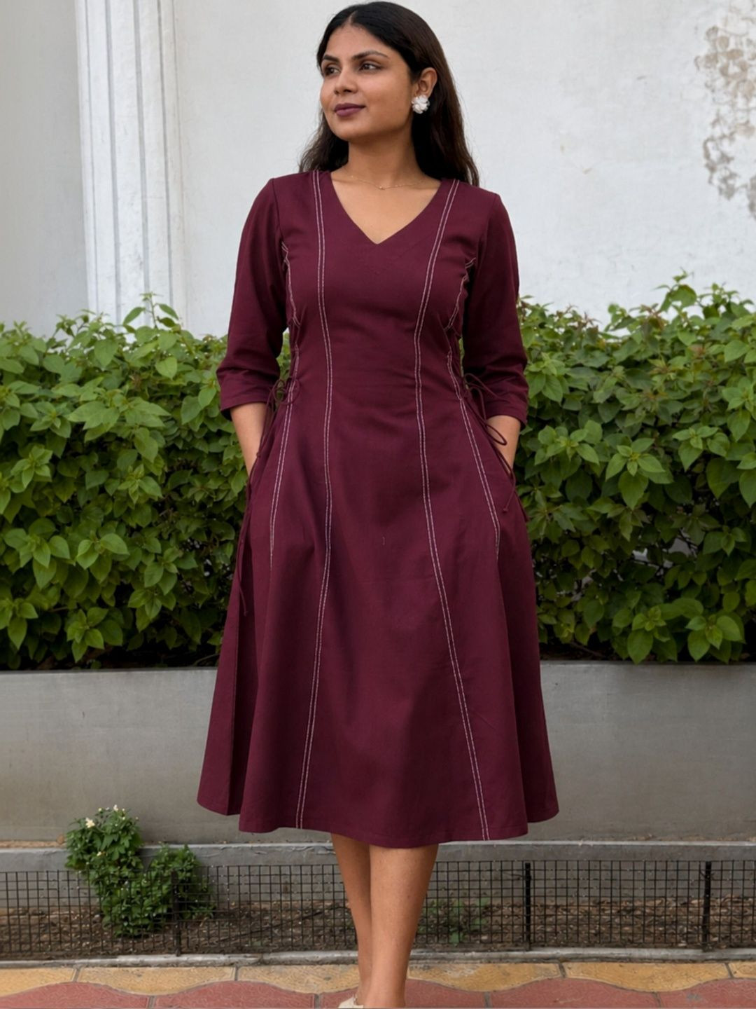 Niyatee 100% Cotton V-neck Maroon Fit & Flare Midi Dress