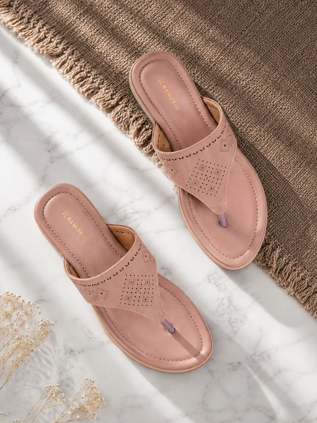 Khadims Textured Open Toe T-Strap Flats