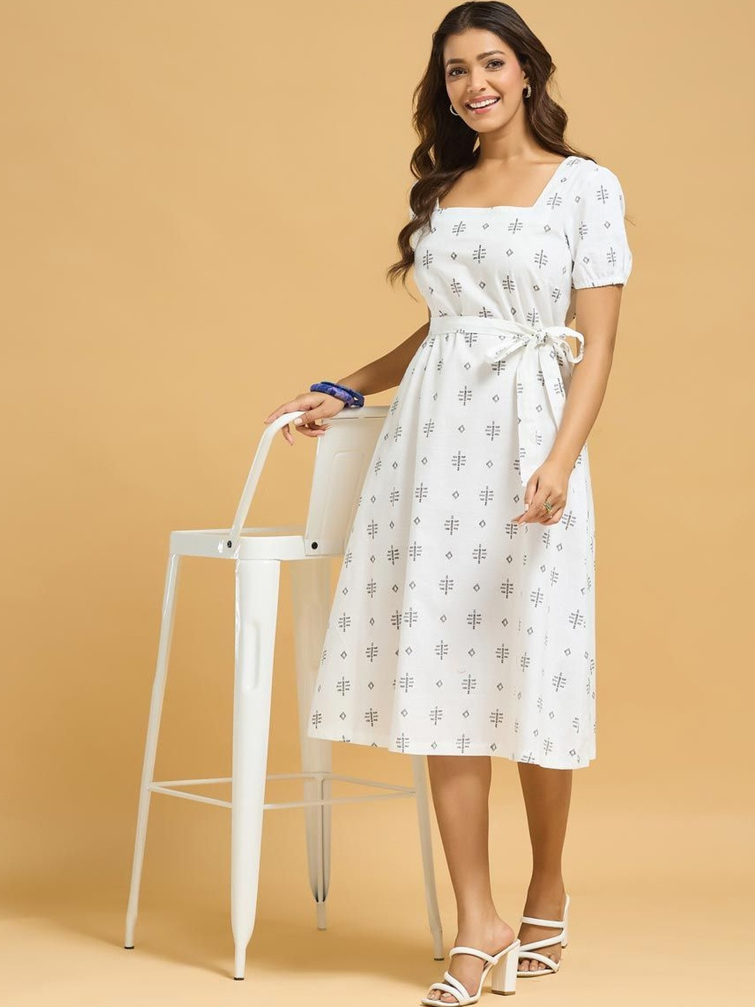 Fabindia Print Puff Sleeve A-Line Midi Dress