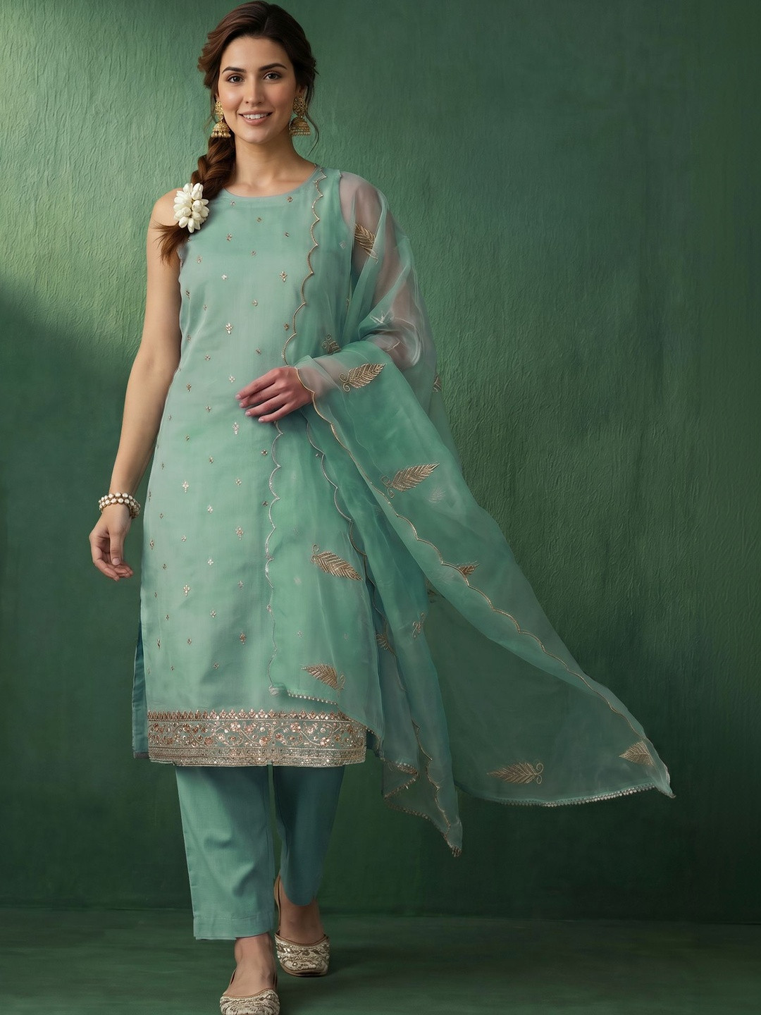 AVANSHEE Women Ethnic Motifs Embroidered Regular Chanderi Cotton Kurta with Trousers & With Dupatta