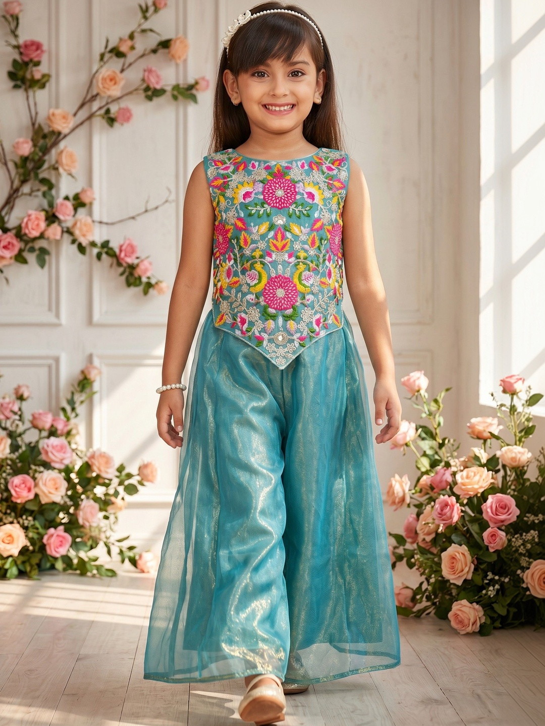 SPANGEL FASHION Girls Floral Embroidered Regular Thread Work Kurta with Palazzos