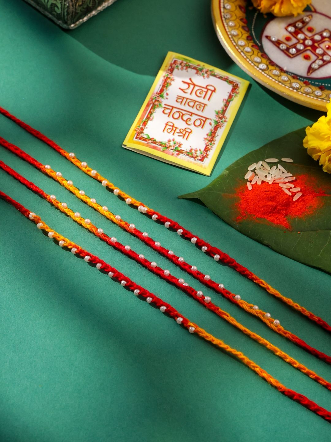 SZN Men Set Of 4 Pearls Traditional Red Thread Rakhi With Roli Chawal For Rakshabandhan
