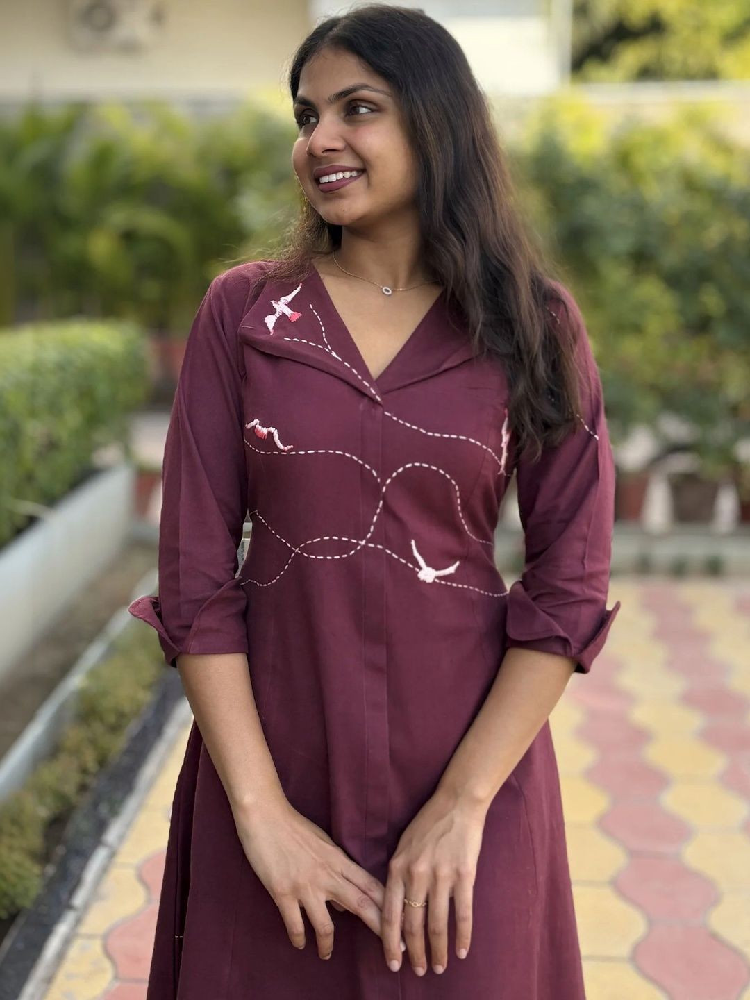 Niyatee 100% Cotton V-neck Burgundy A-Line Midi Dress